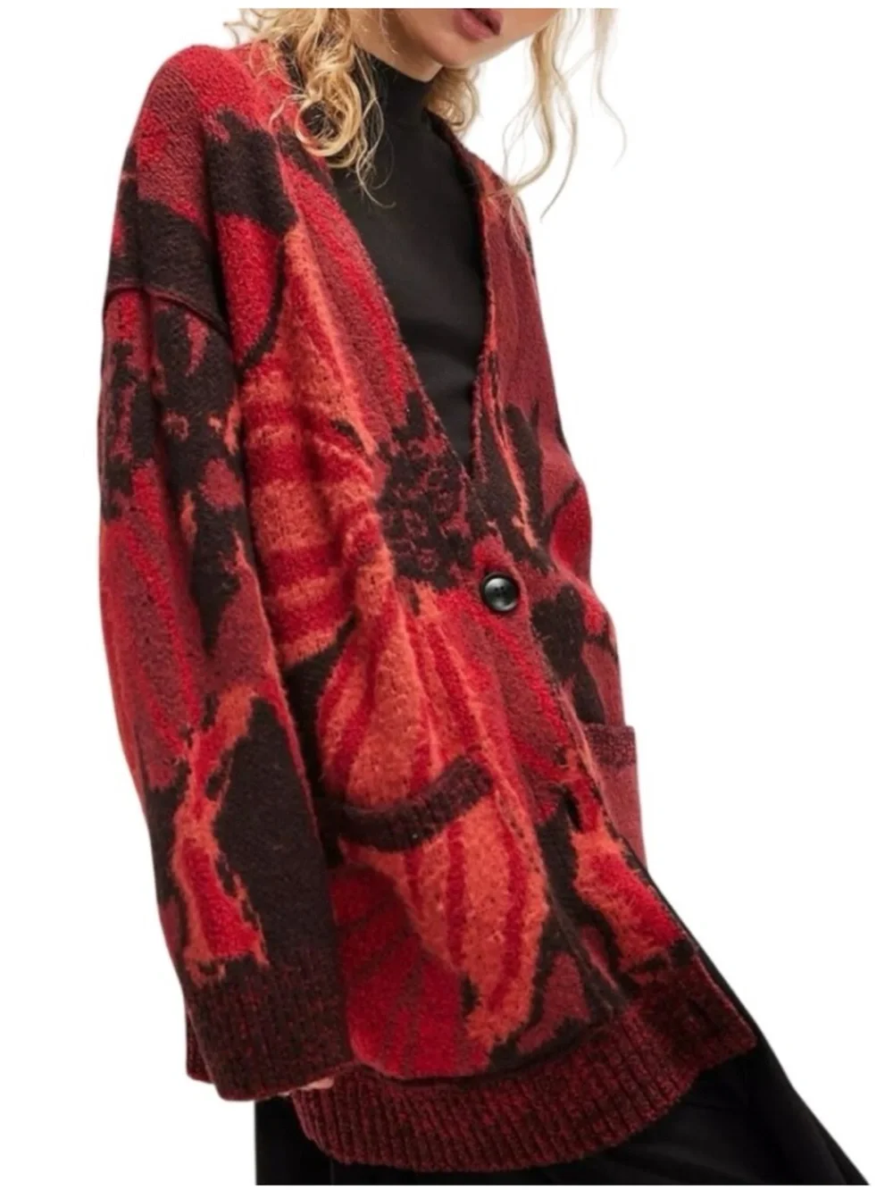 Free People State Side Oversized Button Cardigan Red Combo Floral Small NWT✅